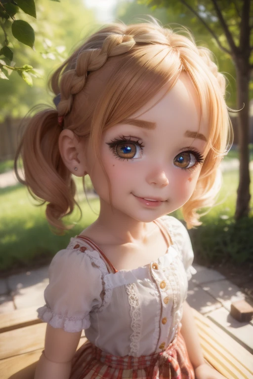 Photorealistic、Chibi Girl Doll（Apple-themed clothing、Have a magic wand、smile）,8k, photorealistic, beautiful detailed eyes, beautiful detailed lips, extremely detailed face and skin, intricate details, vibrant colors, natural lighting, pastoral, serene, tranquil, cozy, cute, adorable, kawaii