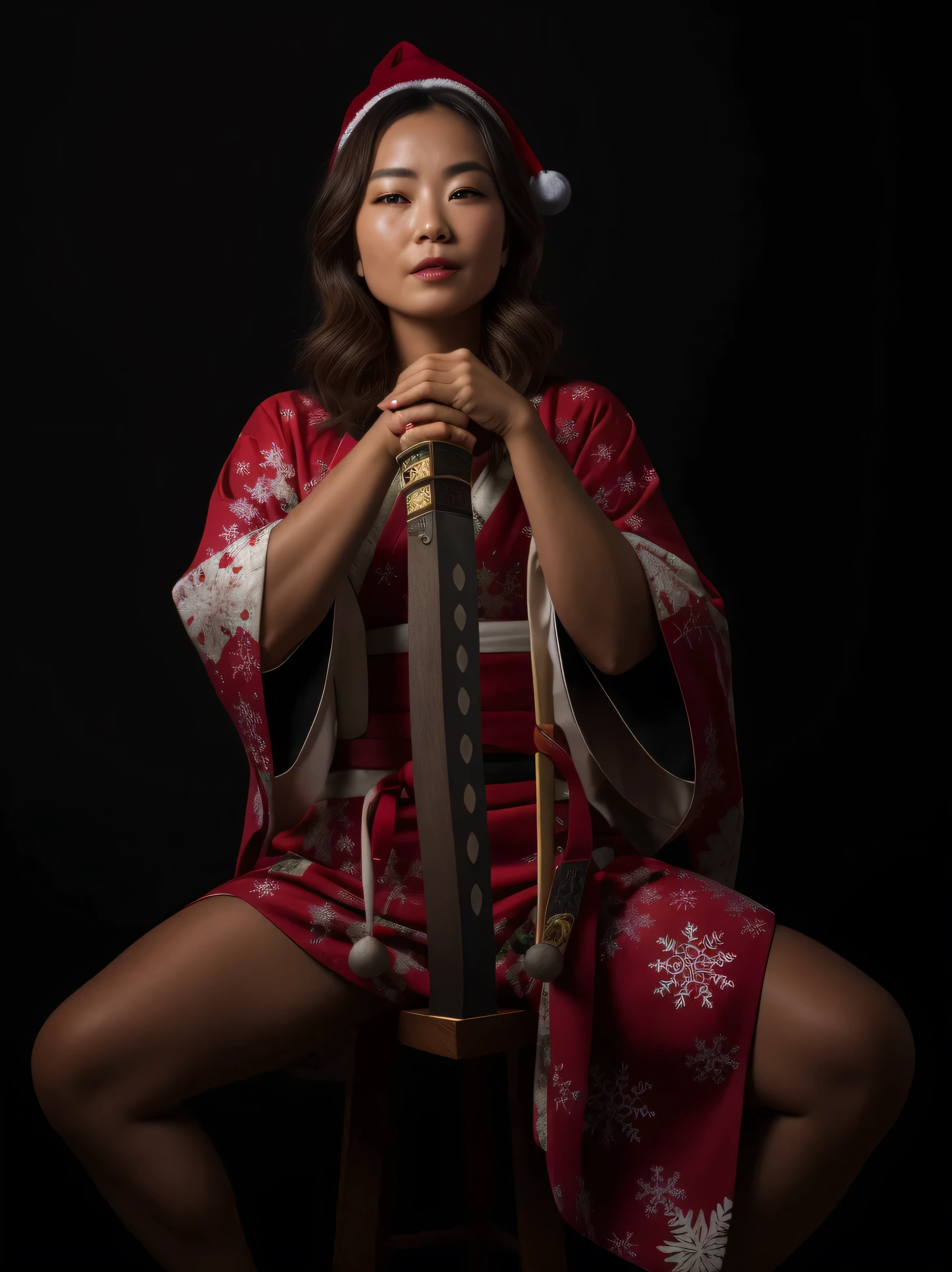 arafed woman in a red kimono sitting on a stool, she is holding a katana sword, unsheathing her katana, posing with a sword, katanas strapped to her back, holding katana, female samurai, katana, photo from a promo shoot, holding a samurai sword, portrait shot, holding a sword on her shoulder,HD, (finest details), (best quality), Merry, Christmas decorations, night, Christmas theme, Christmas gifts, Christmas tree, best quality, high resolution, Christmas decorations, lights, snowflakes, (( (Red Christmas hat))),