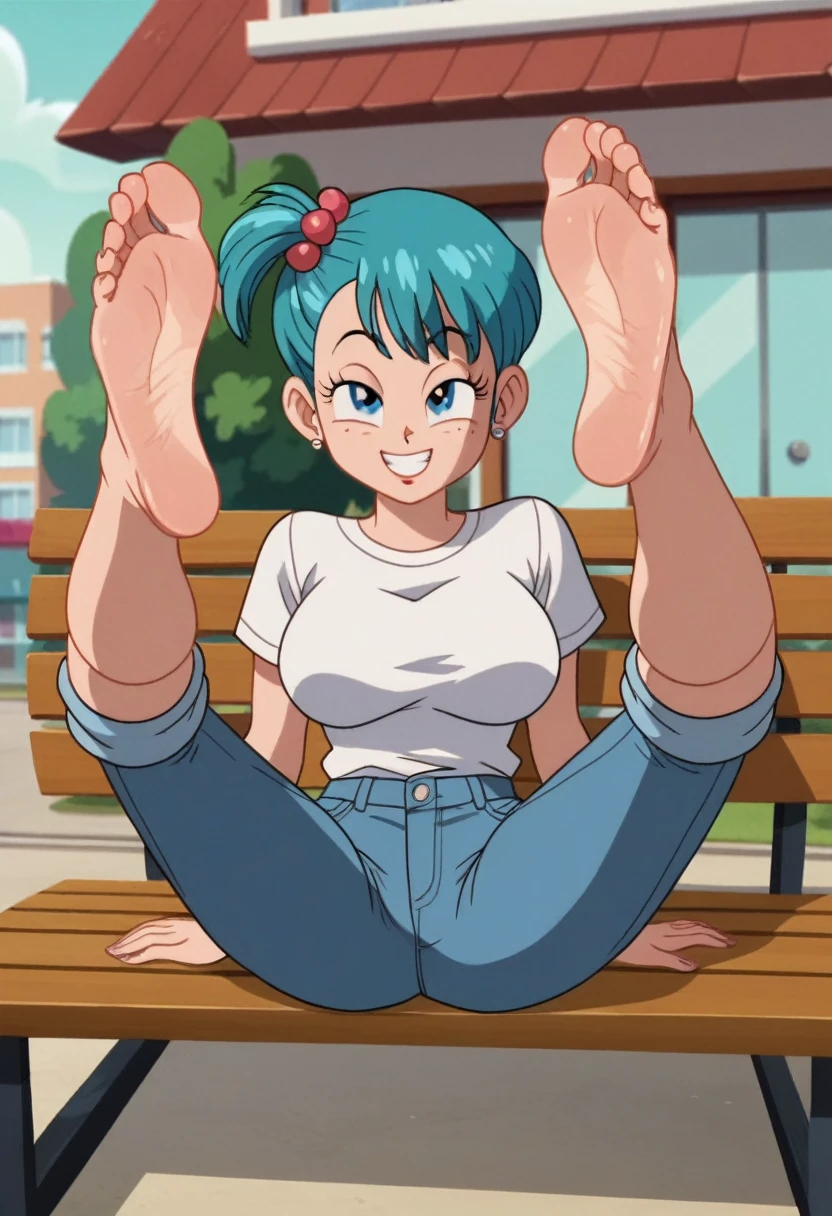 source_animé, puntaje_9, puntaje_8_arriba, puntaje_7_arriba, animé screencap,8k, absurdo res, Bulma, 1 girl, solo, blue hair, short sleeves, barefoot, soles, feet, toes, feet focus, sitting on bench, floor, building, outdoors, big breasts, wide hips, seductive smile, seductive look, feet up, legs up, spread legs, jeans pants