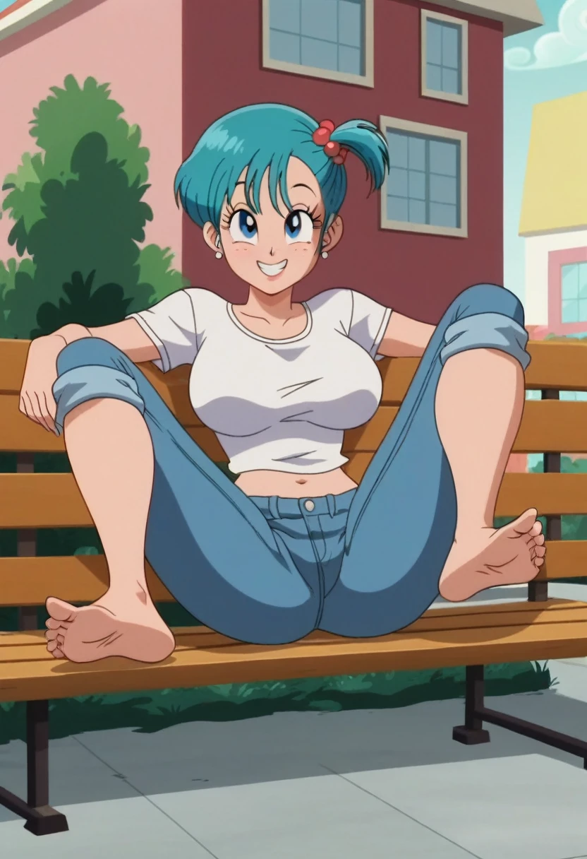 source_animé, puntaje_9, puntaje_8_arriba, puntaje_7_arriba, animé screencap,8k, absurdo res, Bulma, 1 girl, solo, blue hair, short sleeves, barefoot, soles, feet, toes, feet focus, sitting on bench, floor, building, outdoors, big breasts, wide hips, seductive smile, seductive look, feet up, legs up, spread legs, jeans pants