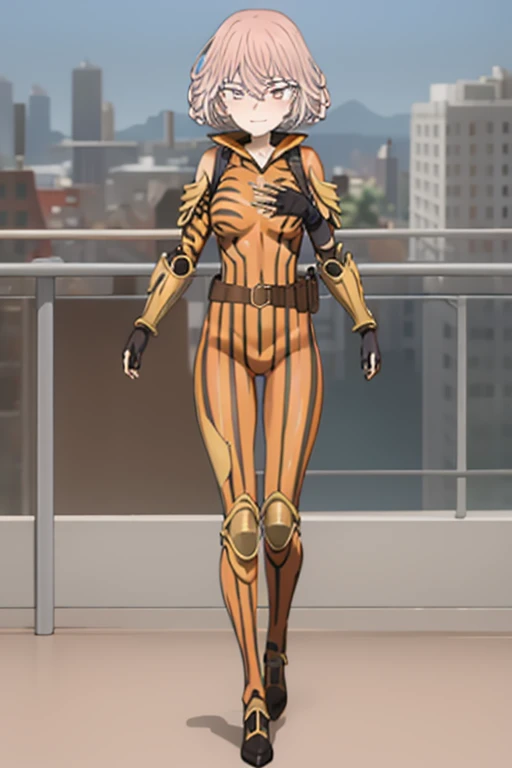 Masterpiece, best quality, ultra detailed, illustration, lighting epic, cinematic composition, 1 girl, Tatsumaki, short hair, green hair, very small breasts, green eyes, bright eyes, evil smile, blushing, closed mouth, piercing gaze, full body, gremlin, brown collar, tall, very thin, hunched over, long metal claws, spikes on his forearms, brown details, brown fingerless gloves, orange wristbands, orange nanotech suit, light armor, orange chest with an emblem, high shoulder pads, orange suit with brown stripes, brown tiger stripes, triangle emblem on his chest, orange emblem, orange pants, orange knee pads, metallic orange boots, metallic orange shoes, brown superhero belt, standing on a building, city background, anime