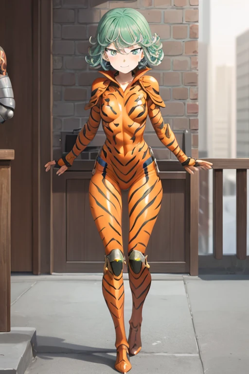 Masterpiece, best quality, ultra detailed, illustration, lighting epic, cinematic composition, 1 girl, Tatsumaki, short hair, green hair, very small breasts, green eyes, bright eyes, evil smile, blushing, closed mouth, piercing gaze, full body, gremlin, brown collar, tall, very thin, hunched over, long metal claws, spikes on his forearms, brown details, brown fingerless gloves, orange wristbands, orange nanotech suit, light armor, orange chest with an emblem, high shoulder pads, orange suit with brown stripes, brown tiger stripes, triangle emblem on his chest, orange emblem, orange pants, orange knee pads, metallic orange boots, metallic orange shoes, brown superhero belt, standing on a building, city background, anime