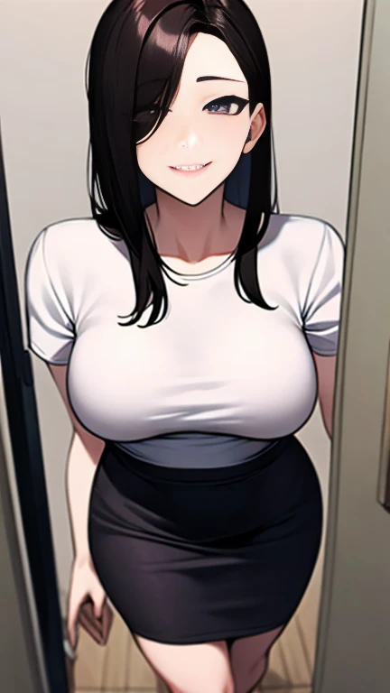 (UHD, masterpiece, anatomically correct, super detail, best quality, 8k)、Bold sexy pose、T-shirt and tight skirt、Elegant medium length hair、Waving Hair、Brown Hair、Standing in the doorway、40 year old mature woman、A shy smile、from above, upper body, looking up、Looking at the camera, Detailed face、Detailed eyes、