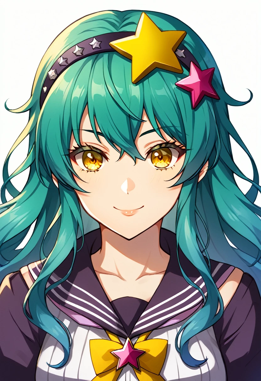 Girl with long dark turquoise hair, yellow eyes, yellow star pin in her head, japanese idol