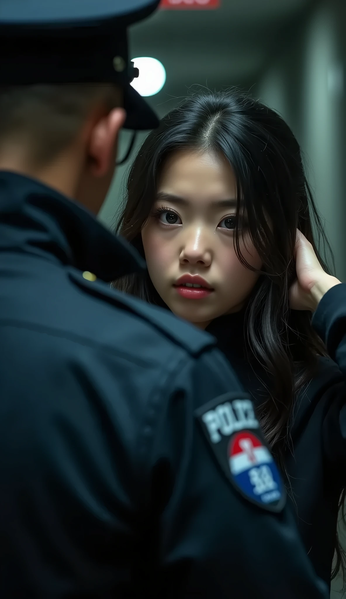 solo, (full body: 2), (masterpiece:1.3), (8k, photorealistic, RAW photo, best quality: 1.4), scene of policeman being captured by terrorist, multiple terrorist in the background holding guns, Female Police Officer, Vietnamese police, police uniform, apocalyptic streets, nervous expression, surrendering, handcuffs, hands cuffed together in front of body, depth of field