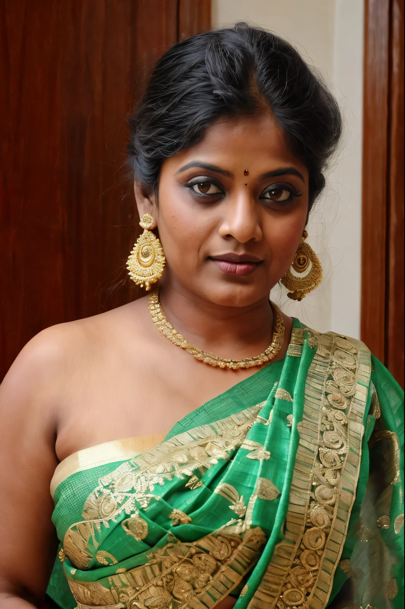 Bangli May wears a green saree, removes her blouse and squeezes her milk with her hands