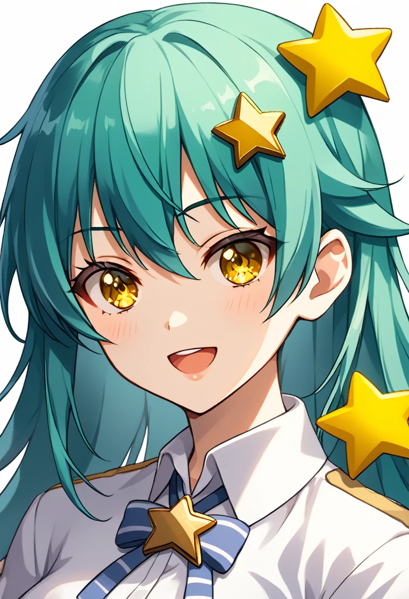 Girl with long dark turquoise hair, yellow eyes, yellow star pin in her head similar to Hoshino Ai