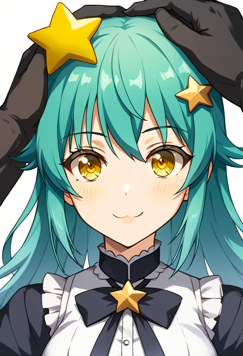 Girl with long dark turquoise hair, yellow eyes, yellow star pin in her head similar to Hoshino Ai