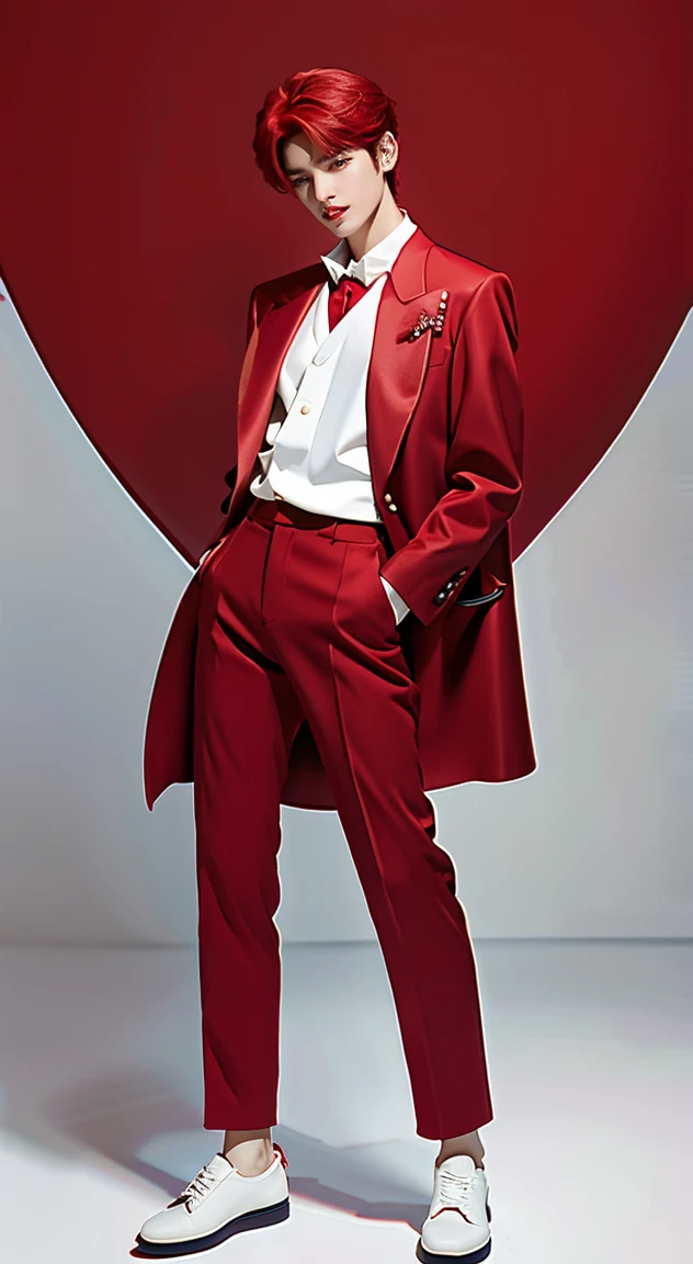 Full Body Photo 、 8K HD High Quality Image 、 Studio Background 、 Accurate, 、 1 Taeyong from NCT U 、White skin 、 Red hair 、FULL red tuxedo set 、black shoes 、Standing in a Full Height from Head to toe 、Cool Korean man haircut 、Holding a rose 、