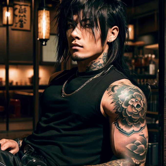 1 man, Japanese man, male, Asian eyes, muscular, broad shoulders, yakuza tattoos, hairstyle Visual Kei style, hair Visual Kei, black men's shirt and black pants, ultra detailed face, hyperrealistic, realistic representation, long hair, long hair, 30 years old, age 30 years, blonde hair