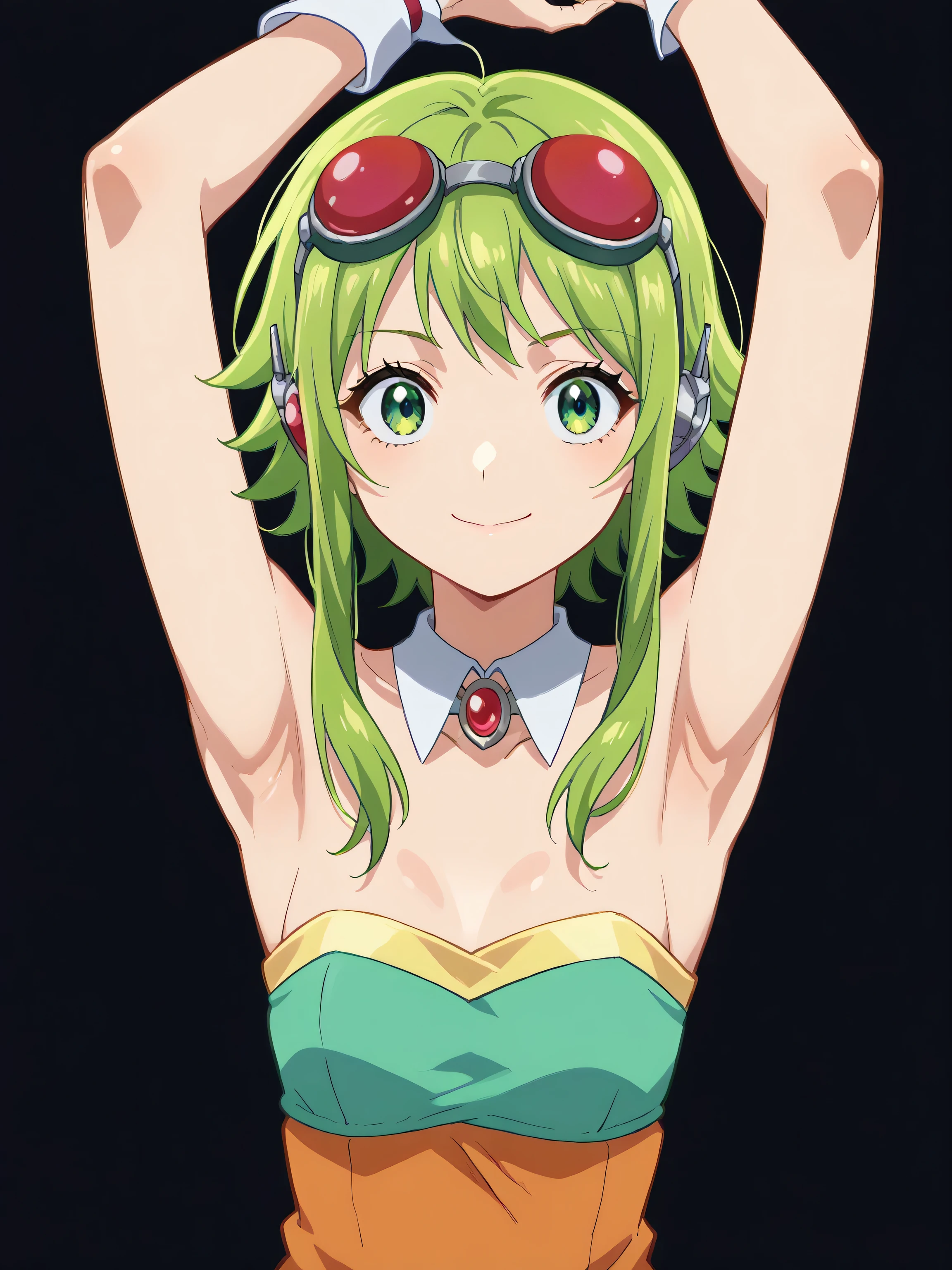 score_9, score_8_up, score_7_up, source_anime, anime screencap, black background, gumi, green eyes, green hair, medium hair, sidelocks, brooch, goggles, goggles on head, green tube top, headphones, jewelry, red goggles, shirt, strapless, tube top, yellow shirt, sleeveless, looking at viewer, head towards viewer, arms up, raised arms, armpits, smile, closed mouth, strapless, collar, white collar, detached collar 