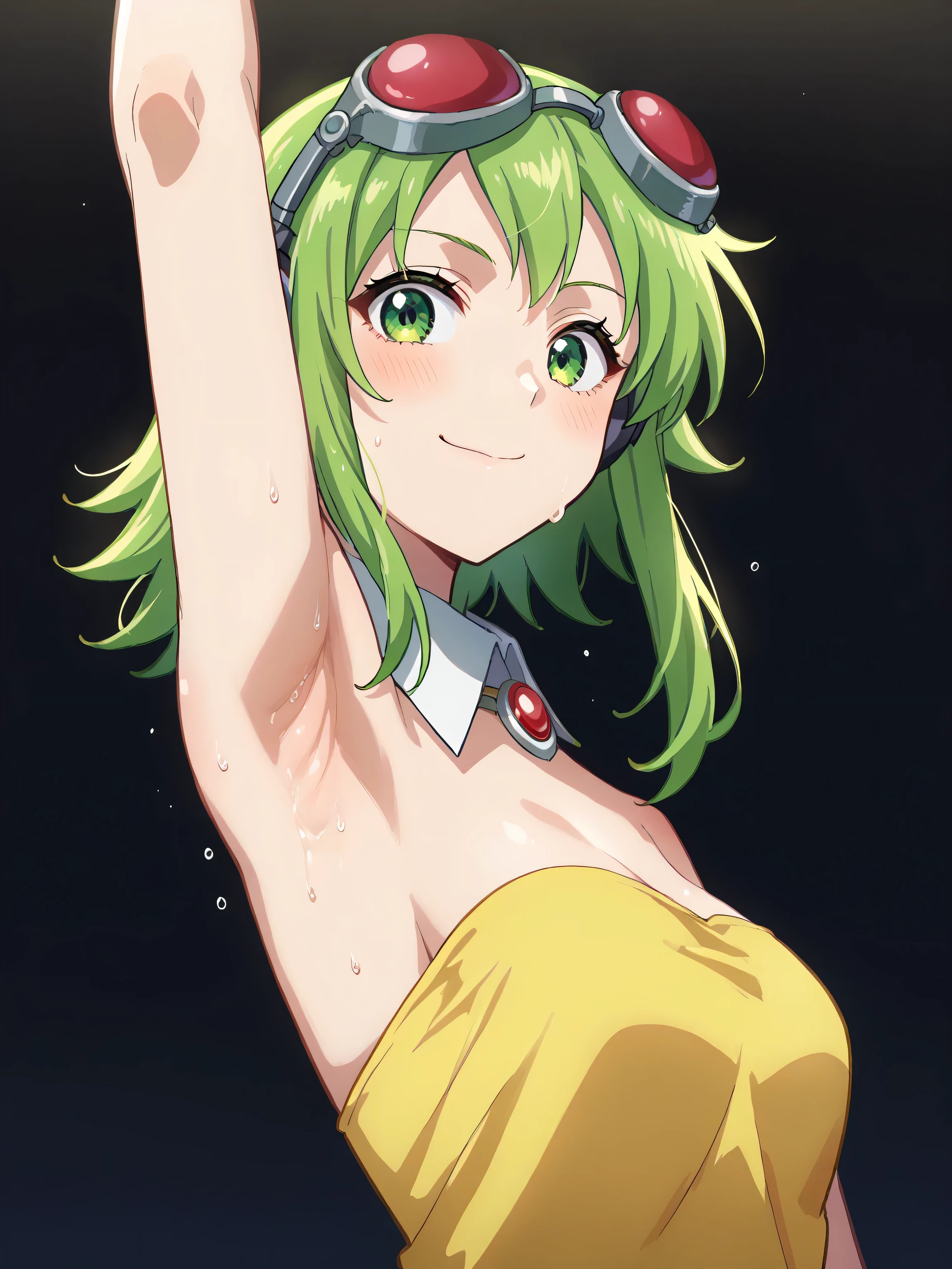 score_9, score_8_up, score_7_up, source_anime, anime screencap, black background, 1girl, solo, gumi, green eyes, green hair, medium hair, sidelocks, brooch, goggles, goggles on head, green tube top, headphones, jewelry, red goggles, shirt, strapless, tube top, yellow shirt, sleeveless, looking at viewer, head towards viewer, arm up, raise arms, armpit, smile, closed mouth, strapless, collar, white collar, detached collar, from side, from below, sweaty, blush