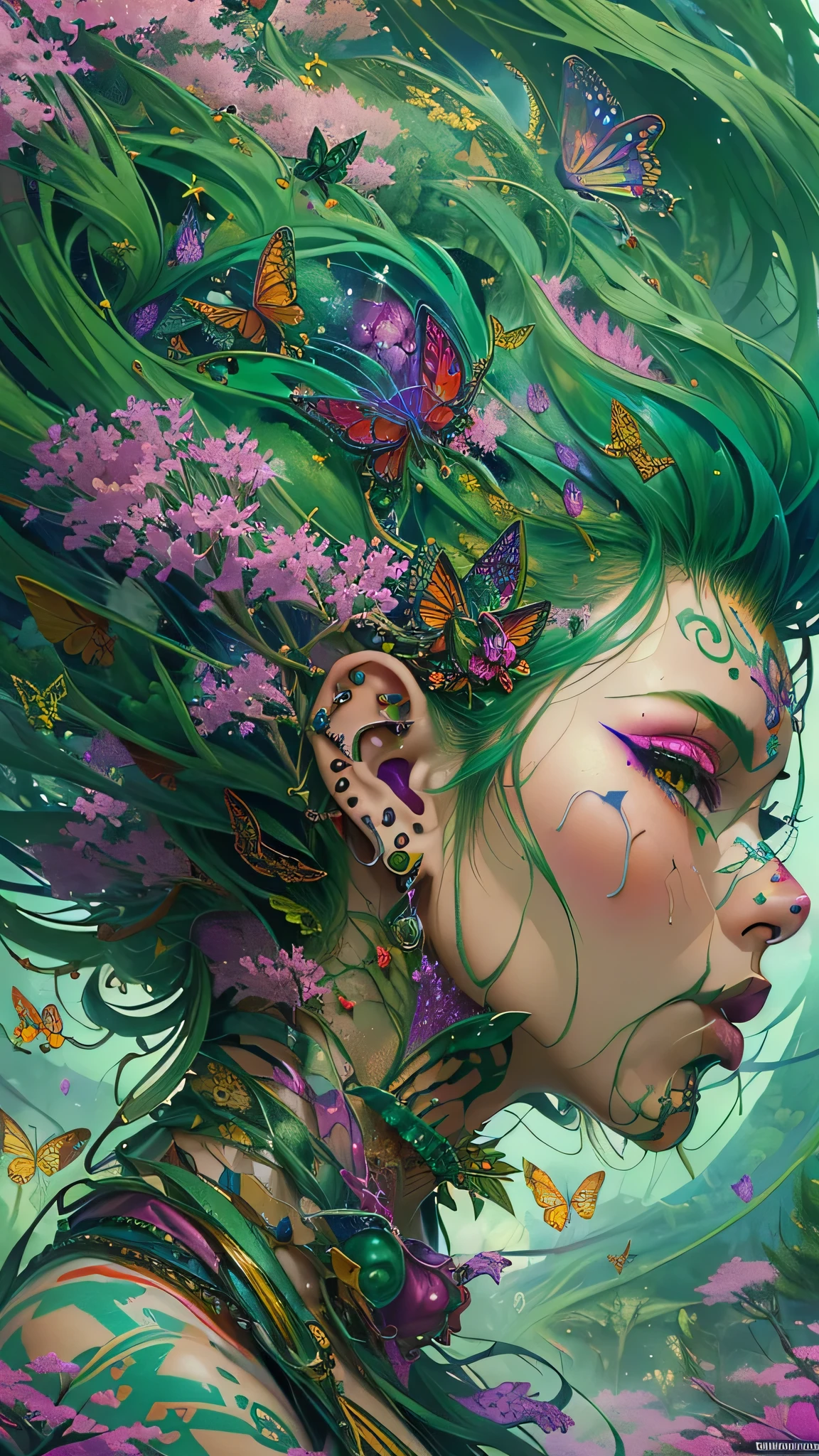 (NSFW:1.4), (masterpiece, top quality, best quality, official art, beautiful, cosmic, atmospheric, psychedelic, dreamlike and aesthetic:1.2), (1girl, green punk rock mohawk hair, tons of tattoos and piercings, super huge enormously gigantic tits), extreme detailed,(fractal art:1.3),colorful,highest detailed, cherry blossoms and butterflies blowing in the wind 