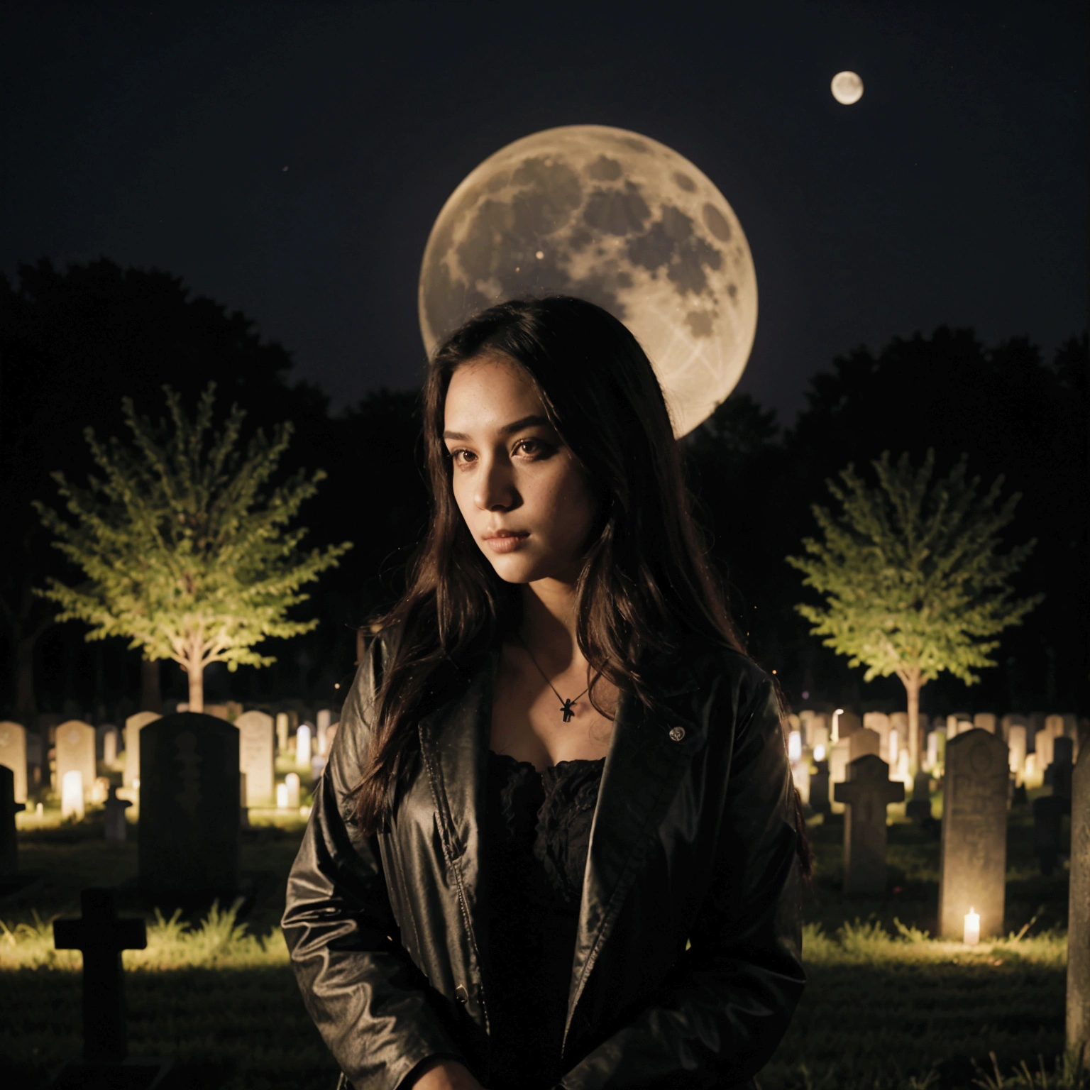 a woman, 25ear old, long brunette hairs,  textured skin, romantic smile, purple and black  hairs, professionnal lightning, flash lightning, in a cemetery, by night, black and purple makee up, black lace dress, spooky, 