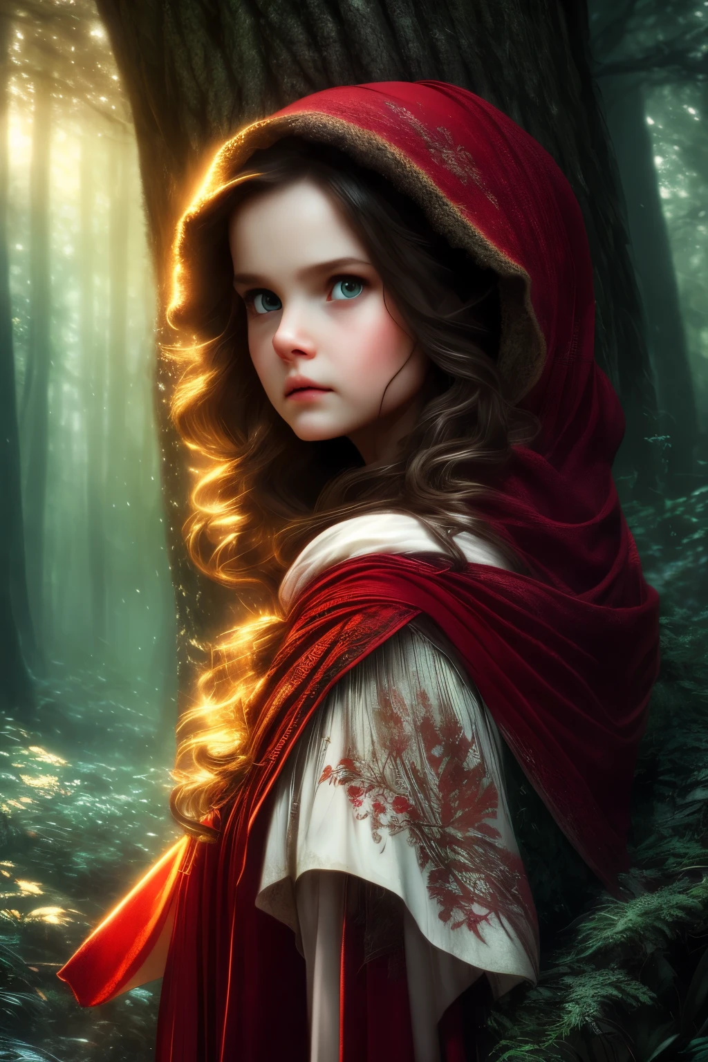 a girl in a forest, snow white, little red riding hood, fighting, angry expressions, detailed facial features, dramatic, cinematic lighting, mist, ancient trees, lush foliage, detailed textures, high contrast, dramatic color palette, chiaroscuro lighting, moody atmosphere, photorealistic, 8k, best quality, masterpiece