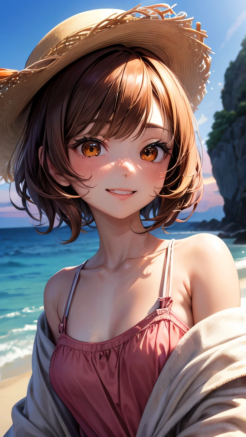 (Best image quality, 8K, high quality, High detail,masterpiece:1.2)、kumiko oumae,Oumae Kumiko,Eye Light、Face Light、Sparkling Eyes、solo、1 girl、Look at the viewer、sketch、Flat Color、2d、anime、animeカラーリング、Shiny skin、(Beach:1.3)、Kumiko Oumae、Mid-chest、Cleavage、(Yellow Bikini:1.3)、A big smile、ponytail、Random Pause、(Blur the background:1.3)、Cover your subject all over