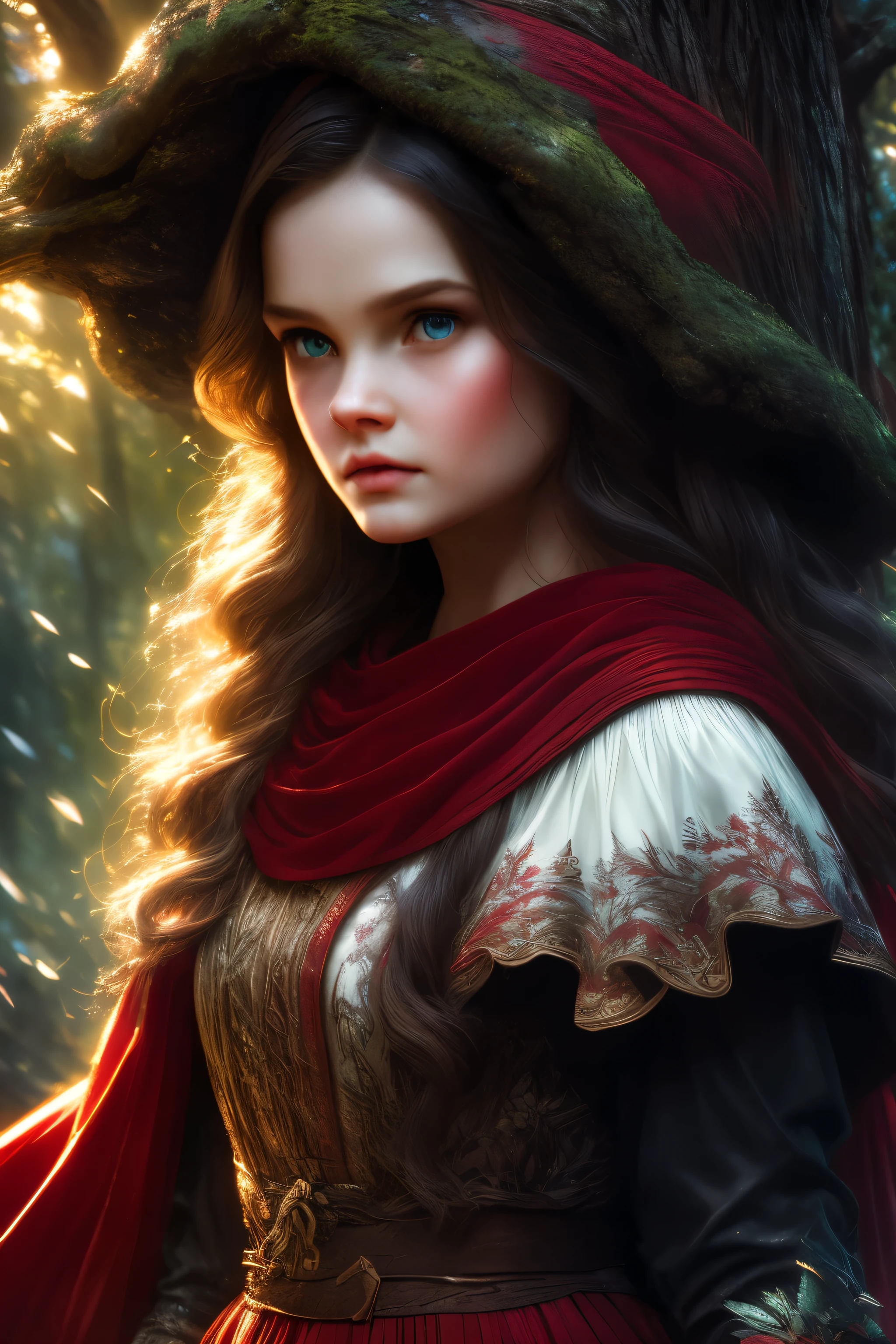 a girl in a forest, snow white, little red riding hood, fighting, angry expressions, detailed facial features, dramatic, cinematic lighting, mist, ancient trees, lush foliage, detailed textures, high contrast, dramatic color palette, chiaroscuro lighting, moody atmosphere, photorealistic, 8k, best quality, masterpiece