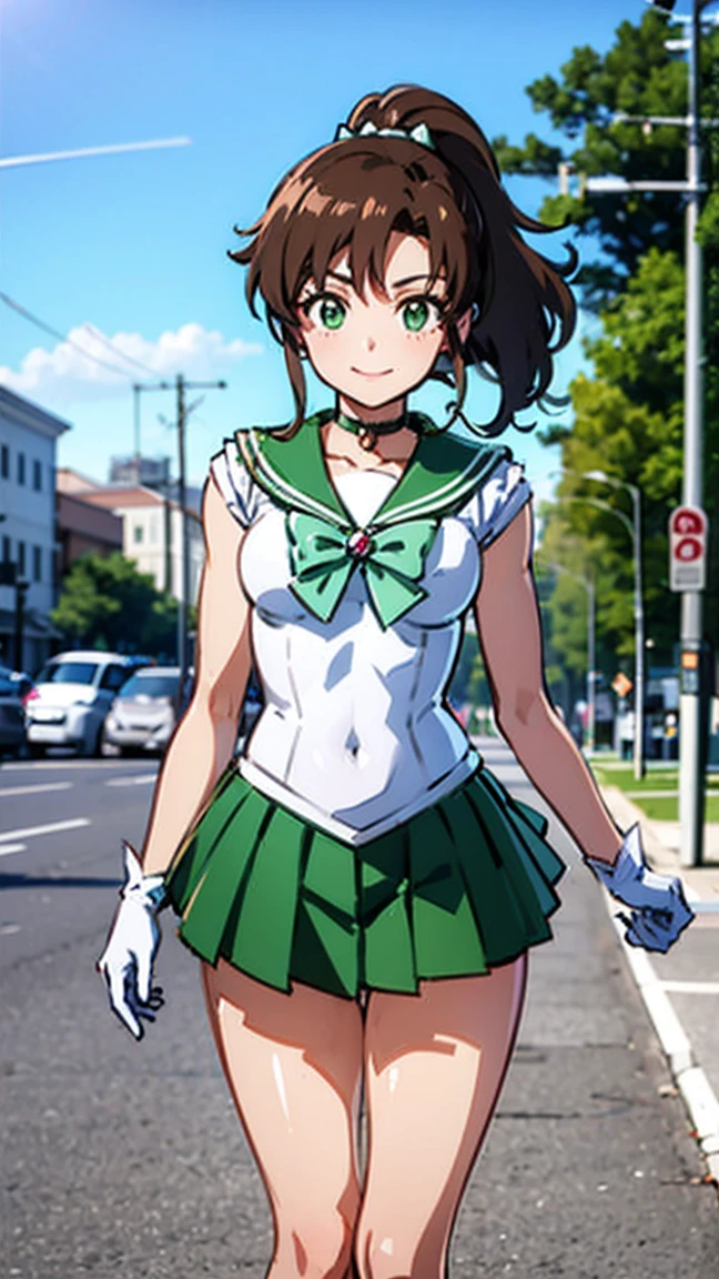 best quality, masterpiece, sailor_jupiter, brown ponytail, green eyes, pink bow, white gloves, choker, circlet, green skirt, looking at viewer, smiling, medium shot, (microminiskirt)
standing, outside, city, street, blue sky, extreme detail, hdr, beautiful quality, su falda se levanta con el viento, sin ropa interior su vagina es visible