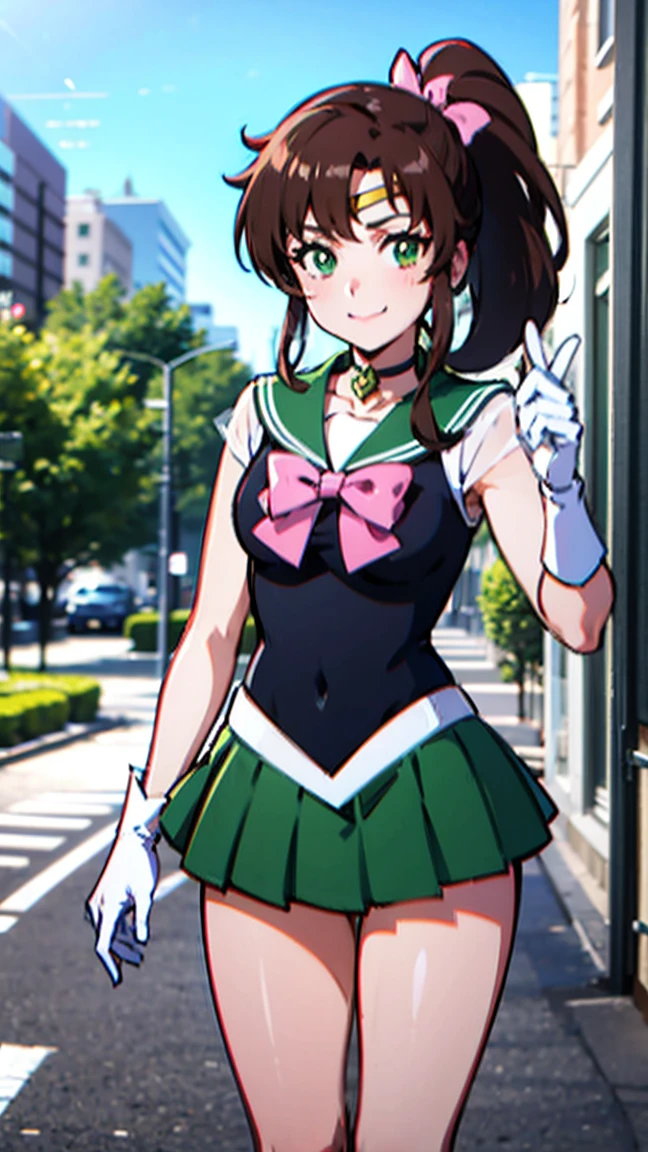 best quality, masterpiece, sailor_jupiter, brown ponytail, green eyes, pink bow, white gloves, choker, circlet, green skirt, looking at viewer, smiling, medium shot, (microminiskirt)
standing, outside, city, street, blue sky, extreme detail, hdr, beautiful quality, su falda se levanta con el viento, sin ropa interior su vagina es visible