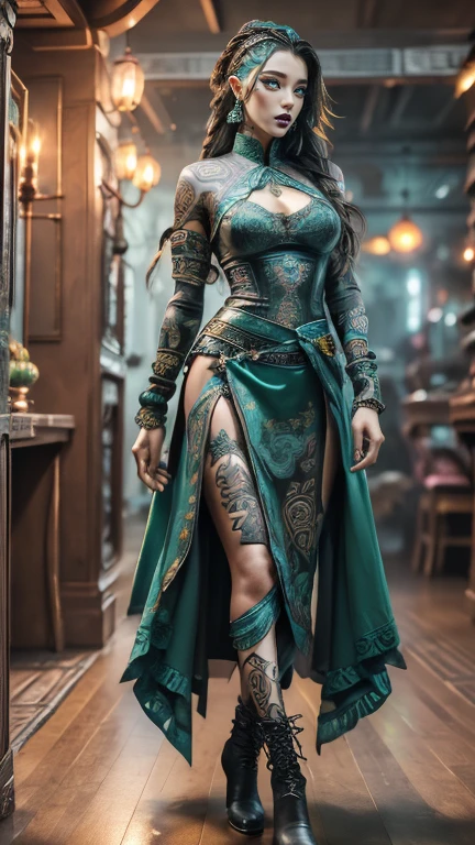 High resolution ultra detailed photography of a tall Asian Irish multiracial woman with long legs and freckles, woman's hairstyle three wild long braids and the sides of the head shaved bald, clothing bioluminizerent, woman's clothing gothic style mixed with Asian style consisting of a lace shirt in jade green and a black leather bodice and a long maxi wrap skirt in black with jade green embroidery and high heel boots, woman has many clear tribal tattoos, model pose full body dancing frontally in front of the camera and looking into the camera, photo background of a gothic bar at night with dim light