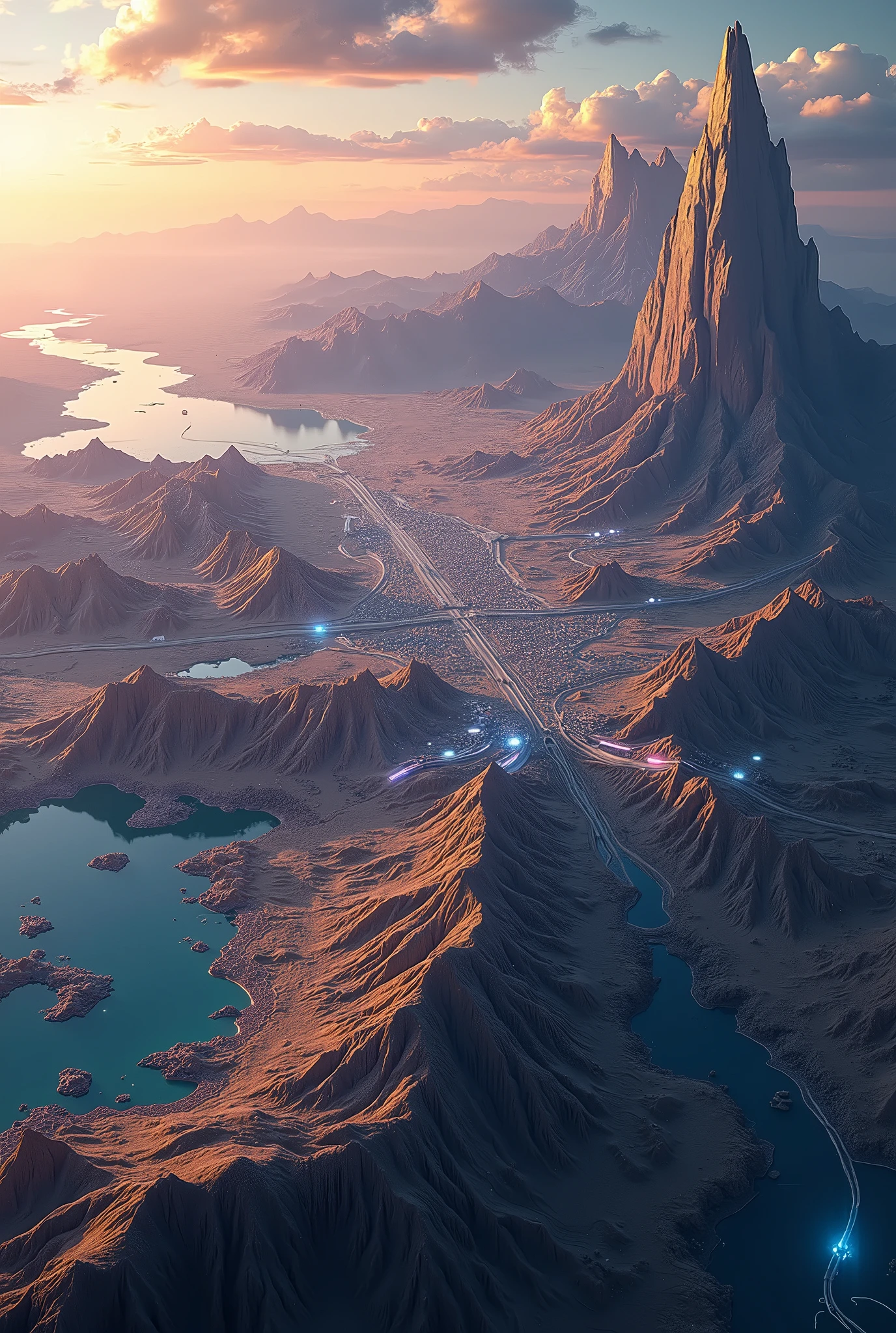 There is a digital painting of a mountain with a river running through ...