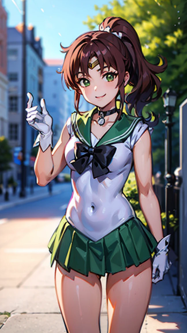 best quality, masterpiece, sailor_jupiter, brown ponytail, green eyes, pink bow, white gloves, choker, circlet, green skirt, looking at viewer, smiling, medium shot, (microminiskirt)
standing, outside, city, street, blue sky, extreme detail, hdr, beautiful quality, su falda se levanta con el viento, sin ropa interior su vagina es visible