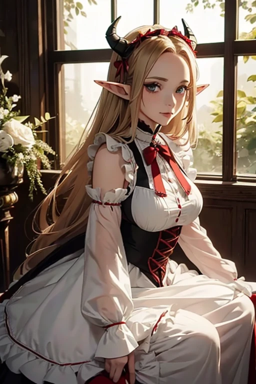 (one adult elf female) (best quality) (wonderful masterpiece) (ultra high quality) (beautiful face) one female adult elf with demon horns and dark blonde long hair and visible forehead wearing a beautiful maid dress with red ribbons, maid attire, victorian maid dress, full body, adult face, forehead