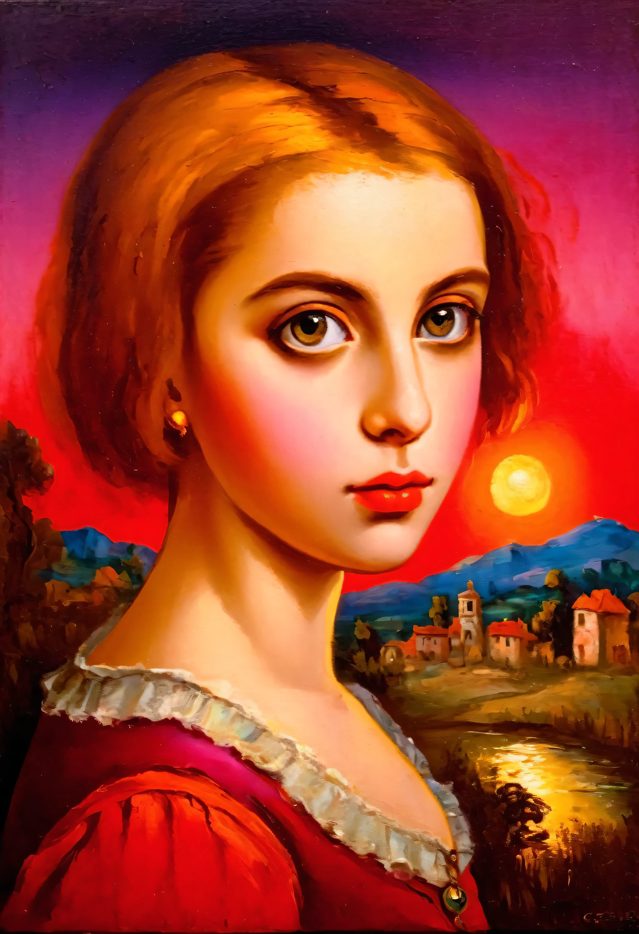 (ambre!!!!)[(front portrait: pretty teen girl  with big eyes and a short red left part bob)((Jean batist Greuze style)))::20]/[background:landscape
 Baroque (moonlight sunset), style Rafael Santi], naive art, primitivism, protogen, crimson/liliac, very colorful,((oil painting)),((masterpiece)),single shot