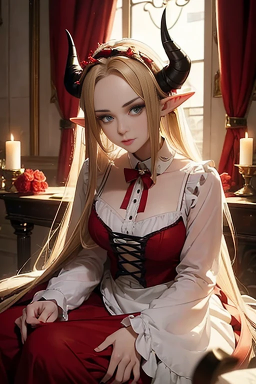 (one adult elf female) (best quality) (wonderful masterpiece) (ultra high quality) (beautiful face) one female adult elf with demon horns and dark blonde long hair and visible forehead wearing a beautiful maid dress with red ribbons, maid attire, victorian maid dress, full body, adult face, forehead