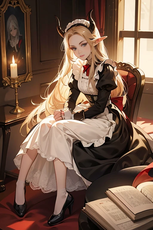 (one adult elf female) (best quality) (wonderful masterpiece) (ultra high quality) (beautiful face) one female adult elf with demon horns and dark blonde long hair and visible forehead wearing a beautiful maid dress with red ribbons, maid attire, victorian maid dress, full body, adult face, forehead