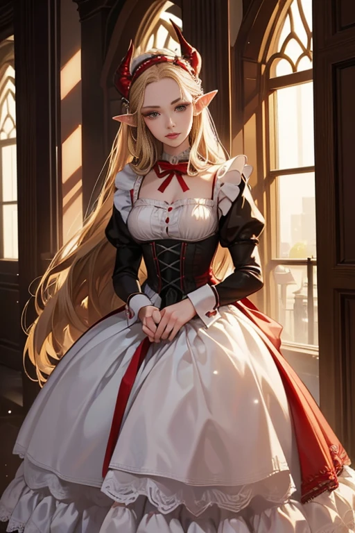 (one adult elf female) (best quality) (wonderful masterpiece) (ultra high quality) (beautiful face) one female adult elf with demon horns and dark blonde long hair and visible forehead wearing a beautiful maid dress with red ribbons, maid attire, victorian maid dress, full body, adult face, forehead