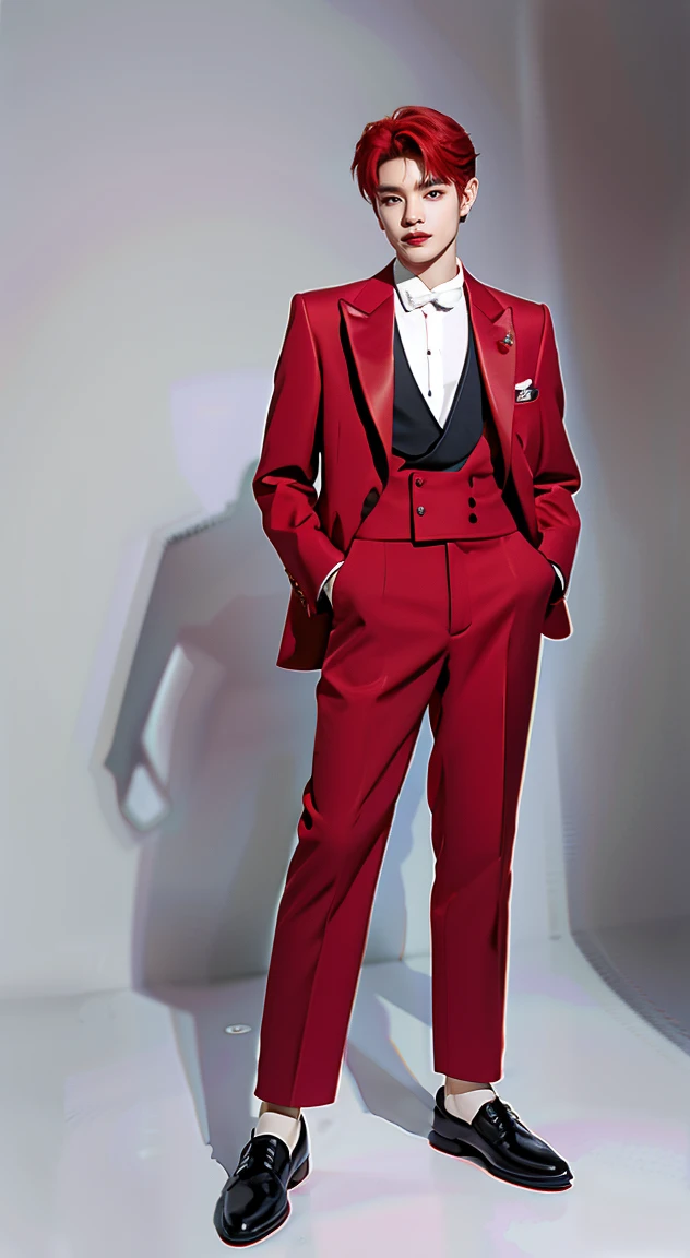 Full Body Photo 、 8K HD High Quality Image 、 Studio Background 、 Accurate 、Korean man 、 1 Taeyong from NCT U 、White skin 、 Red hair 、FULL red tuxedo set 、black shoes 、Standing in a Full Height from Head to toe 、Cool Korean man haircut 、Holding a rose 、NO MAKE UP 、Red FACE MASK 、Red fedora 、Red tuxedo pants 、Black necktie 