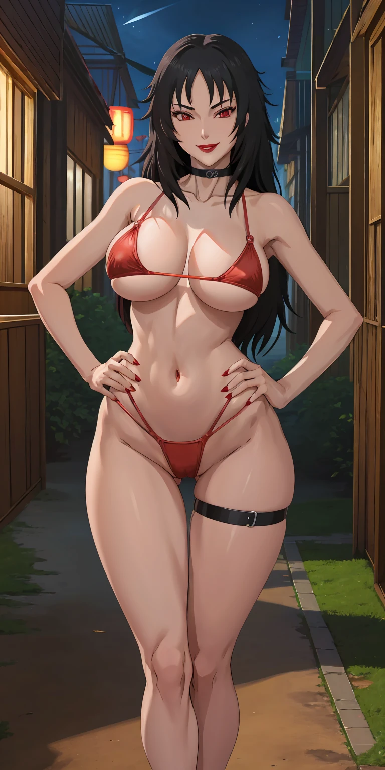 masterpiece, best quality, extremely detail 8k cg, high resolution, 1girl, solo, mature female, RedBikini_KurenaiYuhi_ownwaifu, black hair, long hair, large breasts, makeup, red eyes, lipstick, red lips, chain, red bikini, swimsuit, navel, thigh strap, choker, cleavage, hands on hips, collarbone, thigh gap, seductive expression, smirk, beautiful face, night time, konohavillage, outdoors, medium full shot