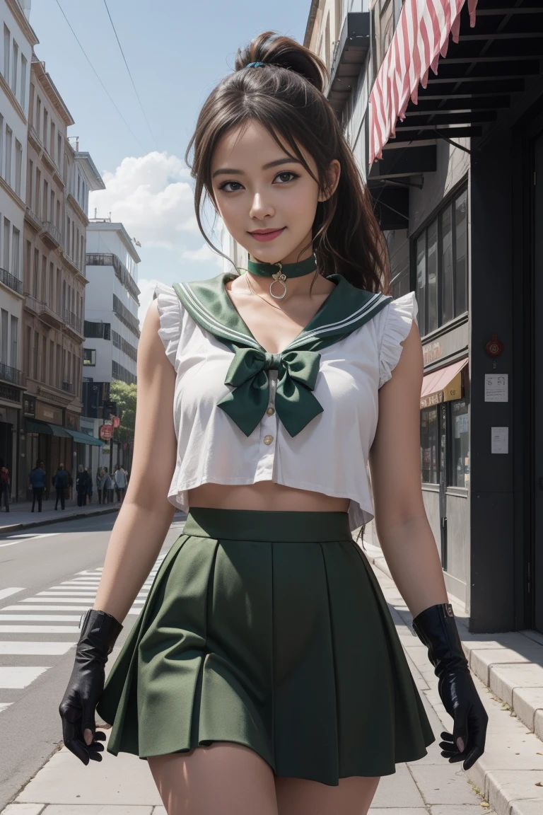 best quality, masterpiece, sailor_jupiter, brown ponytail, green eyes, pink bow, white gloves, choker, circlet, green skirt, looking at viewer, smiling, medium shot, (microtanding, outside, city, street, blue sky, extreme detail, hdr, beautiful quality, su falda se levanta con el viento, sin ropa interior su vagina es visible