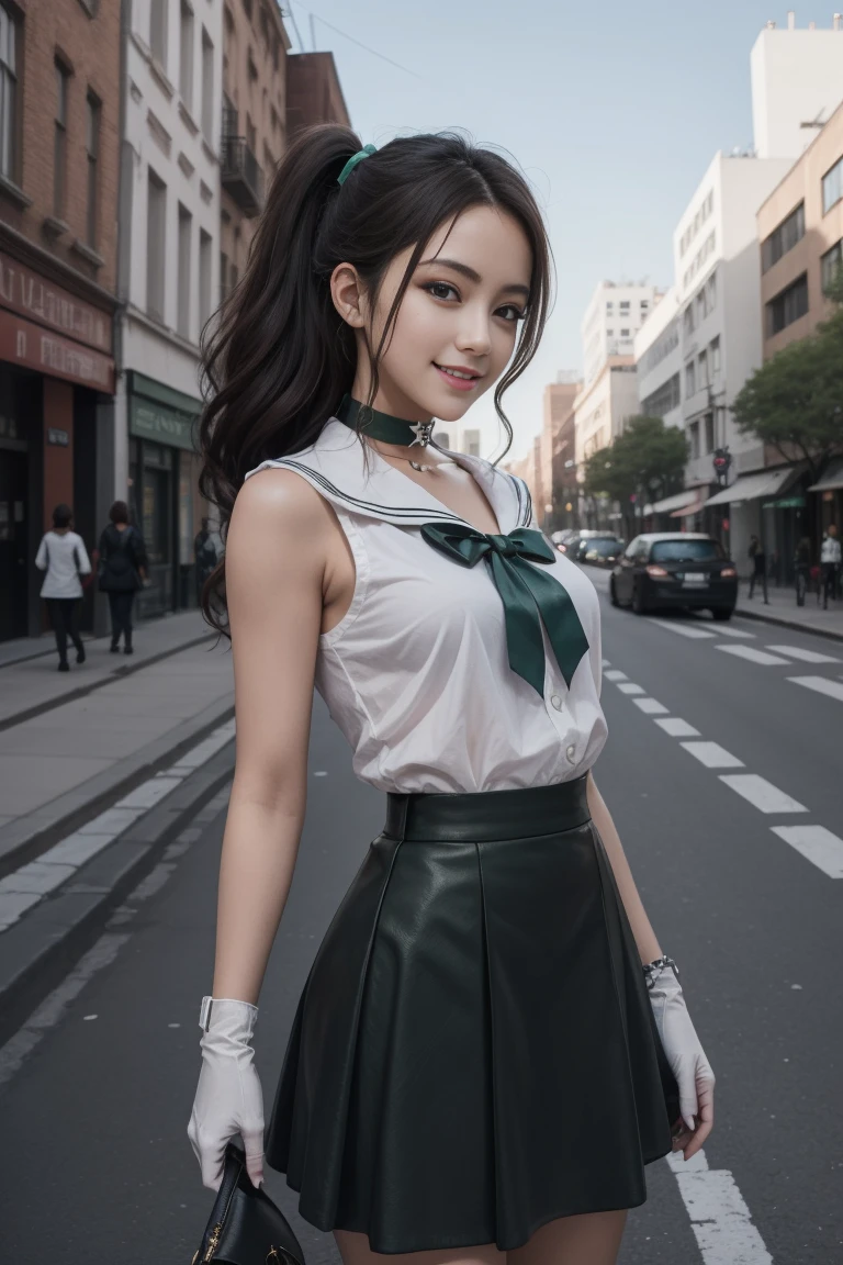 best quality, masterpiece, sailor_jupiter, brown ponytail, green eyes, pink bow, white gloves, choker, circlet, green skirt, looking at viewer, smiling, medium shot, (microtanding, outside, city, street, blue sky, extreme detail, hdr, beautiful quality, su falda se levanta con el viento, sin ropa interior su vagina es visible