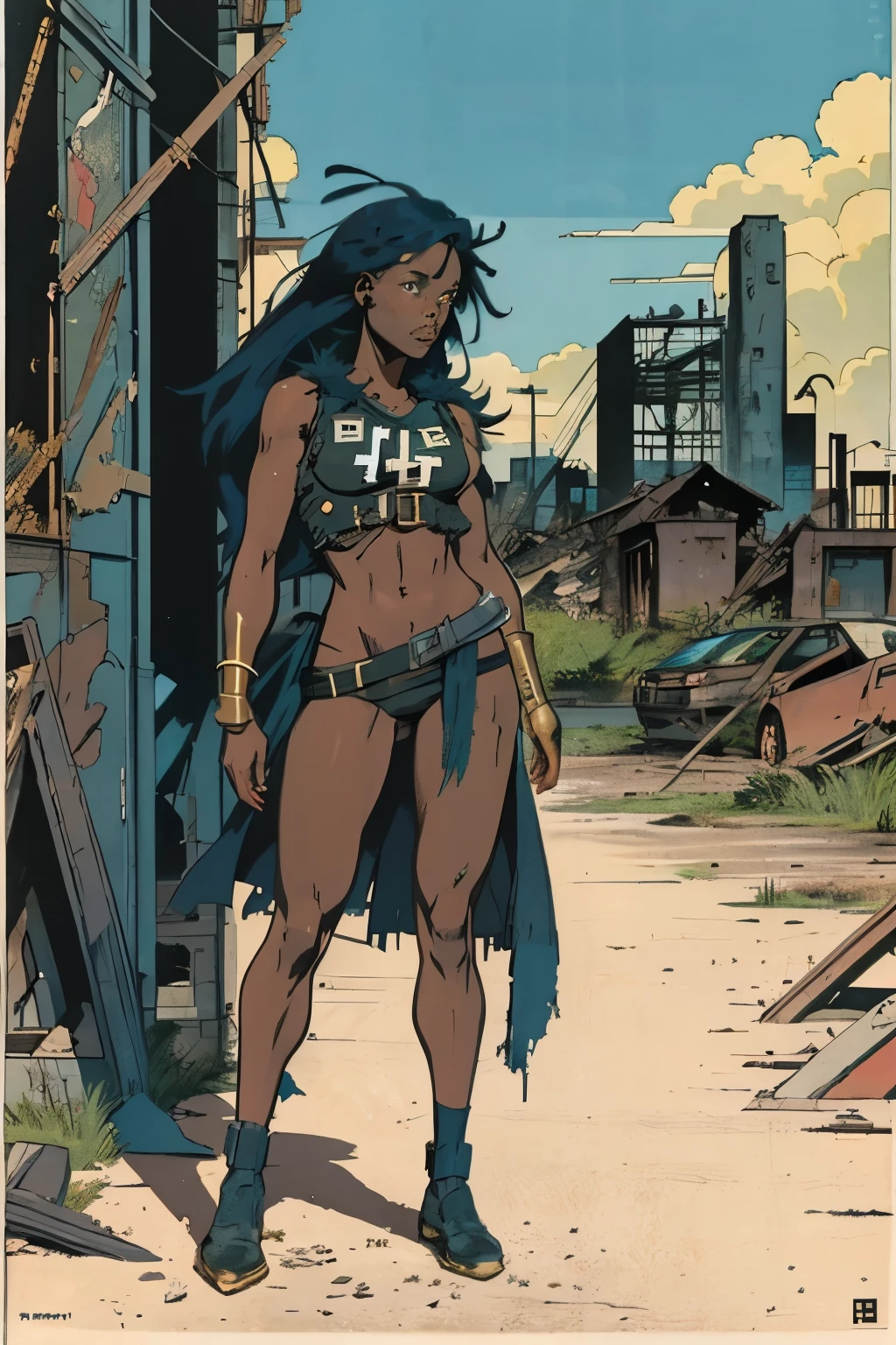 (girl, no panties, black skin, full body), 1 girl, apocalyptic scene of an abandoned city, dirty, destroyed, destroyed city, apocalyptic, high quality, masterpiece, golden ratio, vanishing point perspective, anime, American comics