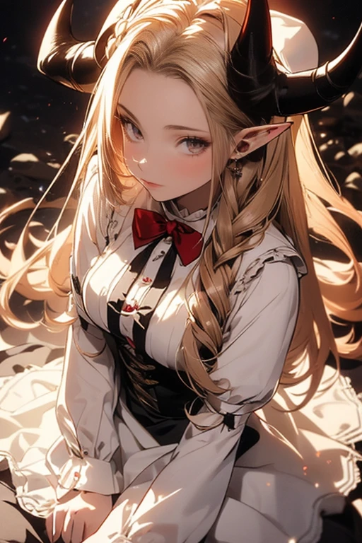 (one adult elf female) (best quality) (wonderful masterpiece) (ultra high quality) (beautiful face) one female adult elf with demon horns and dark blonde long hair and visible forehead wearing a beautiful maid dress with red ribbons, maid attire, victorian maid dress, full body, adult face, forehead