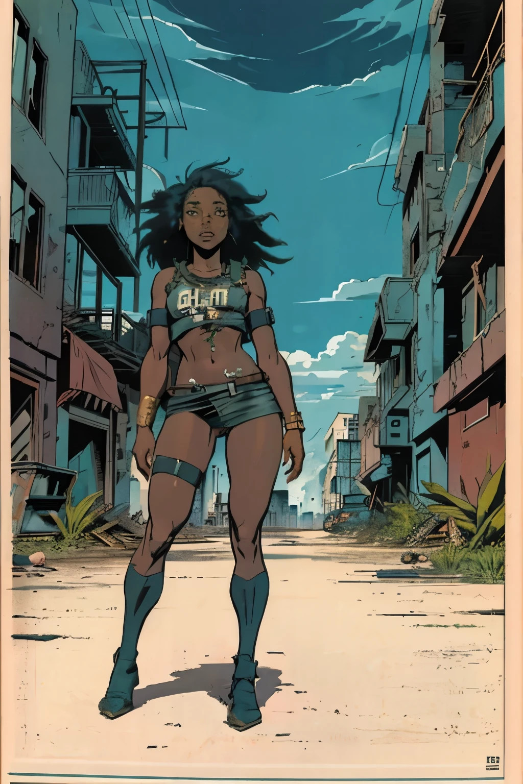 (girl, no panties, black skin, full body), 1 girl, apocalyptic scene of an abandoned city, dirty, destroyed, destroyed city, apocalyptic, high quality, masterpiece, golden ratio, vanishing point perspective, anime, American comics