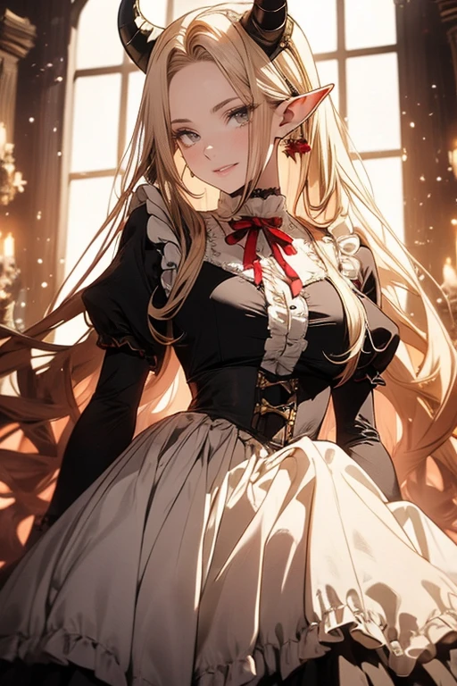 (one adult elf female) (best quality) (wonderful masterpiece) (ultra high quality) (beautiful face) one female adult elf with demon horns and dark blonde long hair and visible forehead wearing a beautiful maid dress with red ribbons, maid attire, victorian maid dress, full body, adult face, forehead, full body, standing in a victorian castle, seethrough sleeves