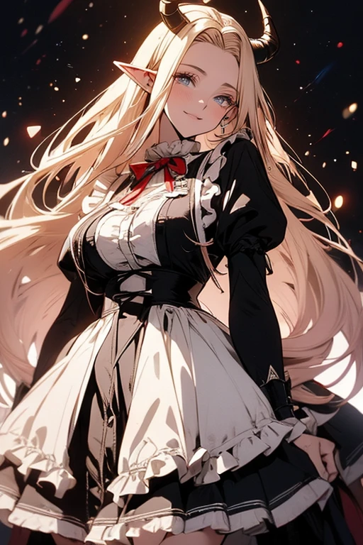 (one adult elf female) (best quality) (wonderful masterpiece) (ultra high quality) (beautiful face) one female adult elf with demon horns and dark blonde long hair and visible forehead wearing a beautiful maid dress with red ribbons, maid attire, victorian maid dress, full body, adult face, forehead, full body, standing in a victorian castle, seethrough sleeves