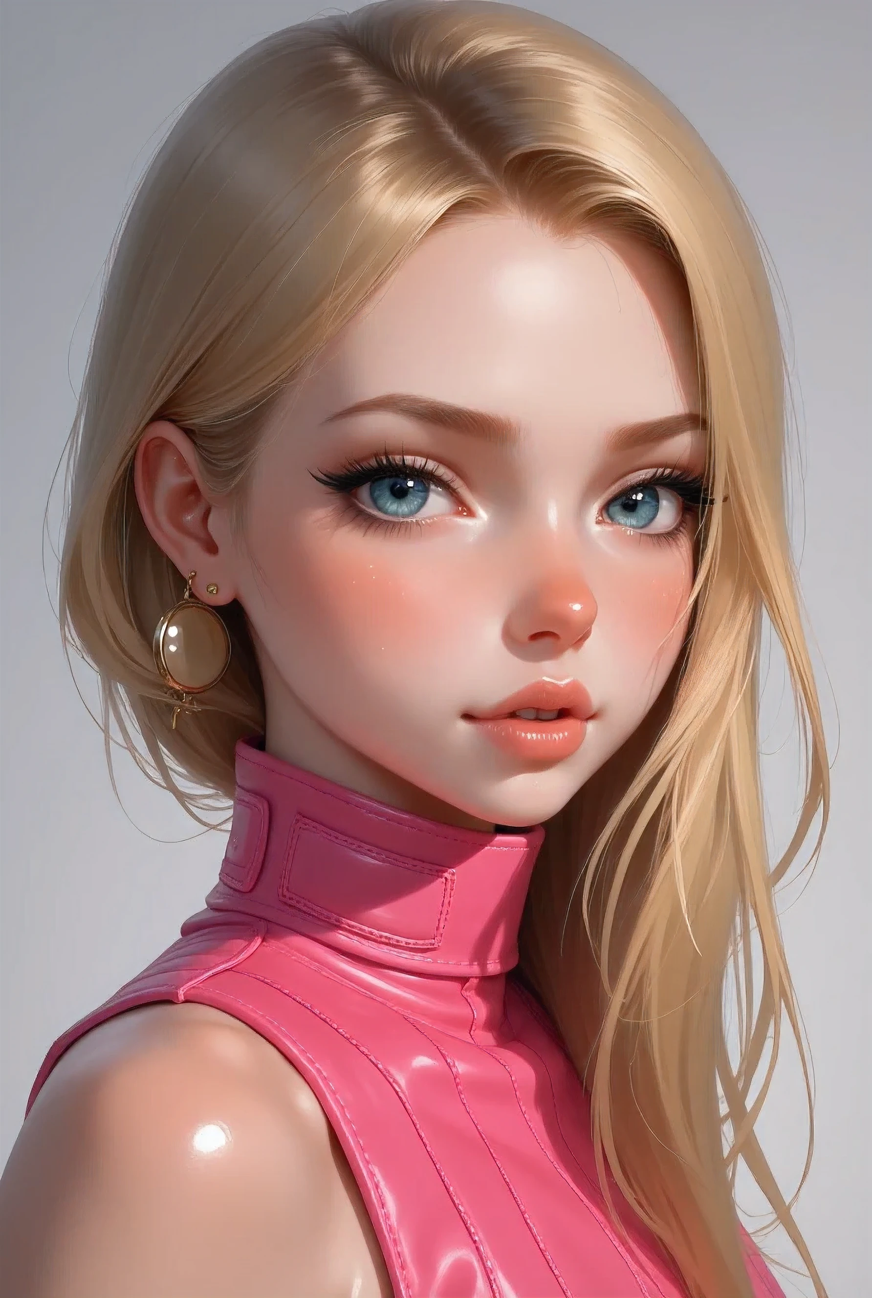beautiful, blonde, long hair, side part hairstyle, light blue eyes, pink leather, face portrait,