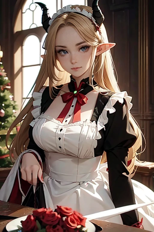 (one adult elf female) (best quality) (wonderful masterpiece) (ultra high quality) (beautiful face) one female adult elf with demon horns and dark blonde long hair and visible forehead wearing a beautiful maid dress with red ribbons, maid attire, victorian maid dress, full body, adult face, forehead