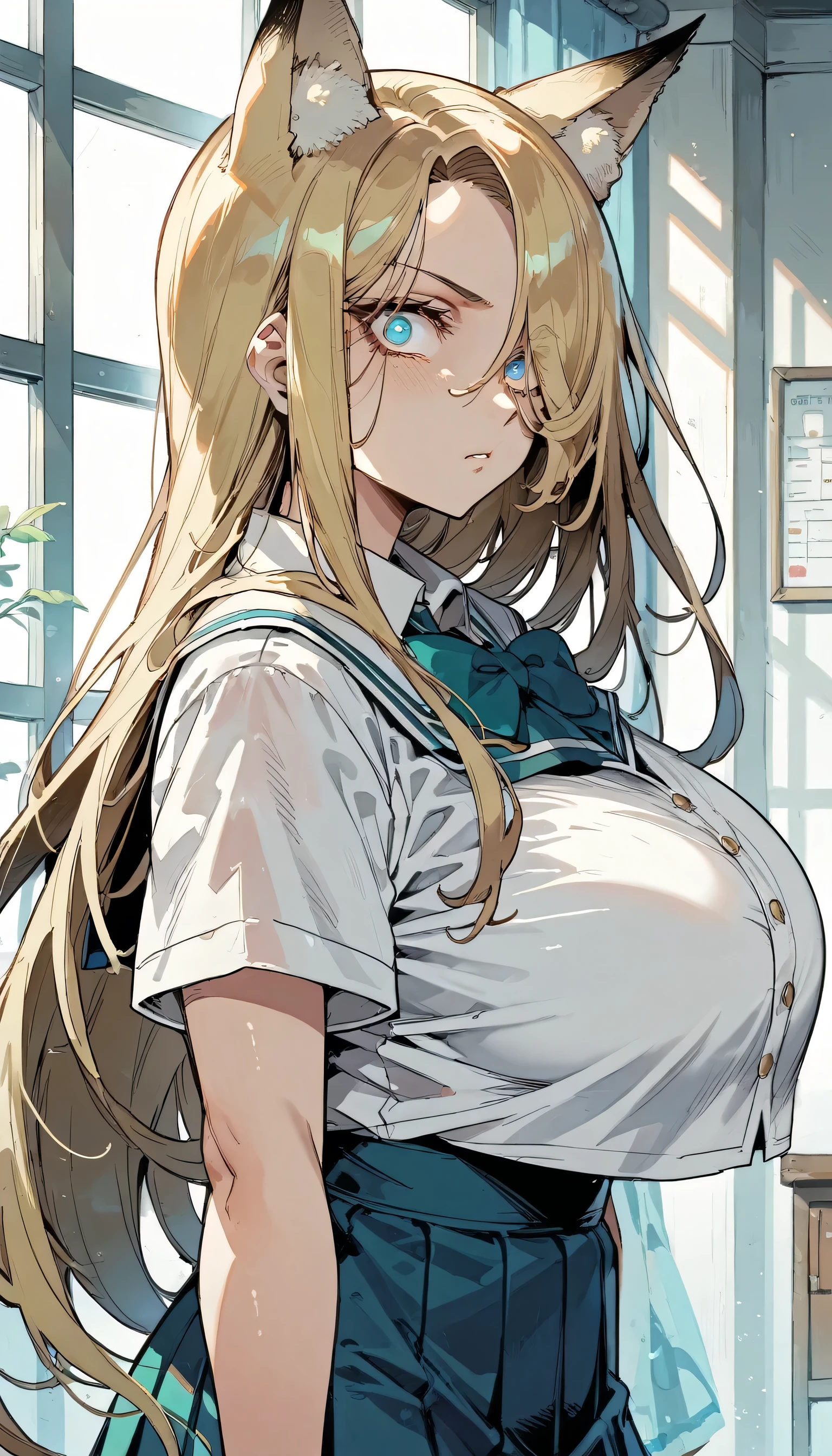 Cold Stare,(Fox Ears),(forehead,long hair over one eye),((side parted hair)),((huge breasts)),((Narrow eyes,Clear Eyes,Perfect Eyes)),Blonde,Long Hair,Old room,Magic School Uniform,Delinquent Girl,gal,mini skirt, clothes are exposed,from side,