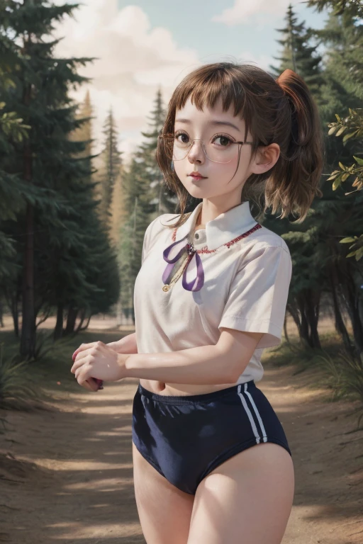 haduki,1girl,Alone,wearing a Black gymnastics bloomers, High leg、white blouse, cowboy shot,Glasses、ribbon、In a dark forest、