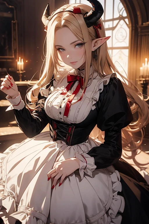 (one adult elf female) (best quality) (wonderful masterpiece) (ultra high quality) (beautiful face) one female adult elf with demon horns and dark blonde long hair and visible forehead wearing a beautiful maid dress with red ribbons, maid attire, victorian maid dress, full body, adult face, forehead, full body, standing in a victorian castle, seethrough sleeves