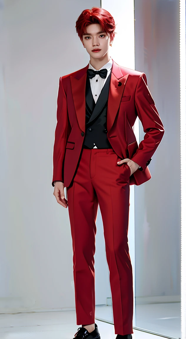 Full Body Photo 、 8K HD High Quality Image 、 Studio Background 、 Natural Face, Accurate 、Korean man 、 1 Taeyong from NCT U 、White skin 、 Red hair 、FULL red tuxedo set 、black shoes 、Standing in a Full Height from Head to toe 、Cool Korean man haircut 、Holding a rose 、NO MAKE UP 、Red FACE MASK 、Red fedora 、Red tuxedo pants 、Black necktie 