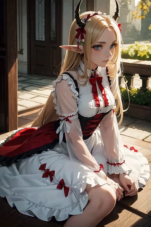 (one adult elf female) (best quality) (wonderful masterpiece) (ultra high quality) (beautiful face) one female adult elf with demon horns and dark blonde long hair and visible forehead wearing a beautiful maid dress with red ribbons, maid attire, victorian maid dress, full body, adult face, forehead