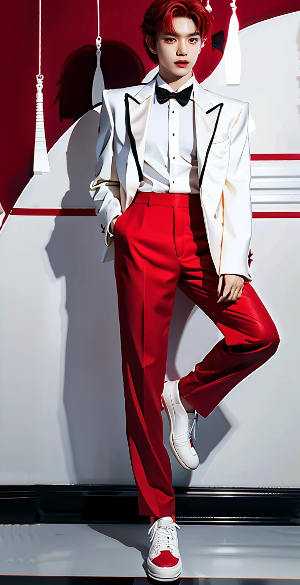 Full Body Photo 、 8K HD High Quality Image 、 Studio Background 、 Natural Face, Accurate 、Korean man 、 1 Taeyong from NCT U 、White skin 、 Red hair 、FULL red tuxedo set 、black shoes 、Standing in a Full Height from Head to toe 、Cool Korean man haircut 、Holding a rose 、NO MAKE UP 、Red FACE MASK 、Red fedora 、Red tuxedo pants 、Black necktie 