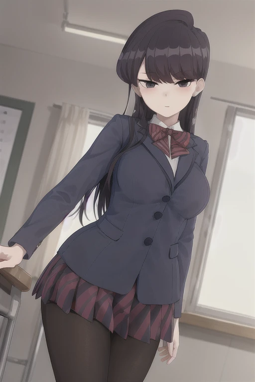 masterpiece, best quality, 1girl, solo, komi-san wa komyushou desu, ks school uniform, blue jacket, white shirt, striped bowtie, red skirt, black pantyhose, looking at viewer, (classroom), cowboy shot 