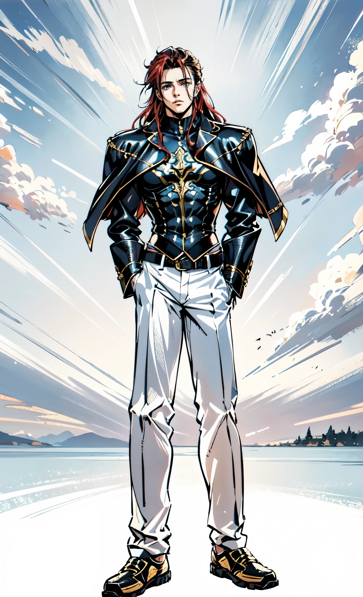 (masterpiece:1.2, best quality:1.2, extremely delicate:1.2), ((male:1.5)), a young man with long red hair, delicate face, gentle eyes, peaceful expression, fantasy-realism style outfit, a red and black short cape, a blue and white leather jacket, a belt, white pants, sneakers, his hands in his pockets, he strolls by a lakeside under dark cloudy skies, this character embodies a finely crafted fantasy-realism style Wise in anime style, exquisite and mature manga art style, dramatic, high definition, highres, ultra-detailed, ultra-fine painting, professional, perfect body proportions, golden ratio, anatomically correct, symmetrical face, extremely detailed eyes and face, high quality eyes, creativity, RAW photo, UHD, 32k, Natural light, cinematic lighting, (masterpiece-anatomy-perfect:1.2)